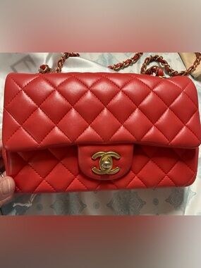 CHANEL Mini Rectangular Classic quilted Lambskin Single Flap Red Gold hardware
